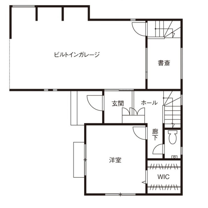 ソーラースマートグリッドホーム　三陽工務店 【HEAT20/間取り図有】サーキット走行を満喫！「愛車のメンテナンスをしたい」とつくったガレージハウスの間取り図（2LDK＋書斎）1階