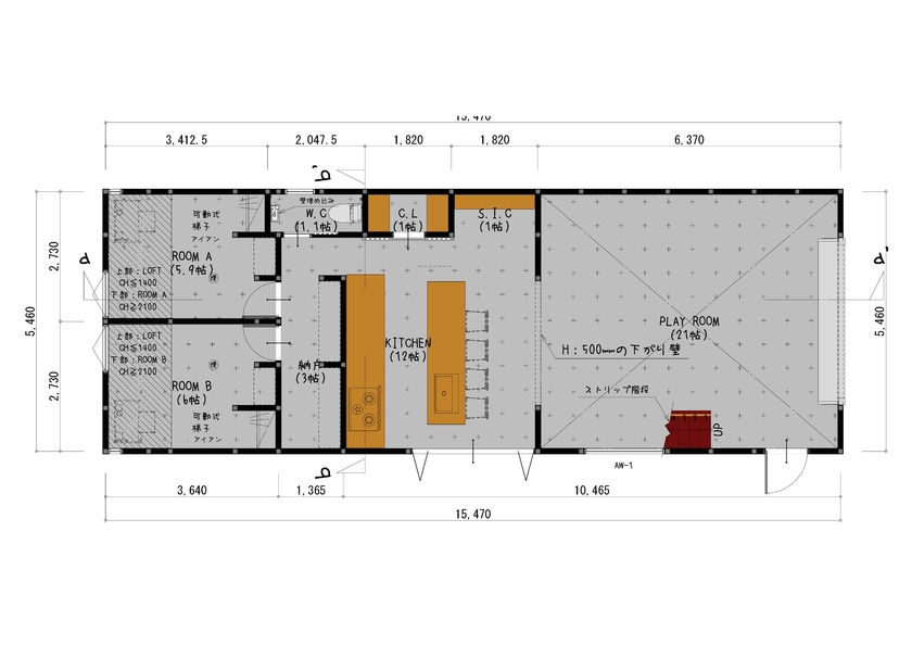 感動 【鹿児島市/２階建て/3LDK/間取り図あり】１階全部土間！！大空間吹き抜けのある家の間取り図（3LDK）１階