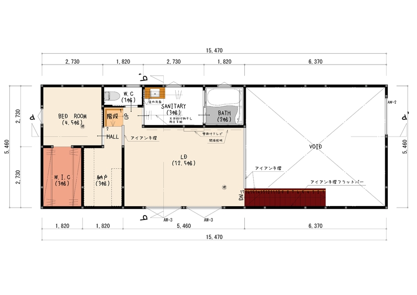 感動 【鹿児島市/２階建て/3LDK/間取り図あり】１階全部土間！！大空間吹き抜けのある家の間取り図（3LDK）２階