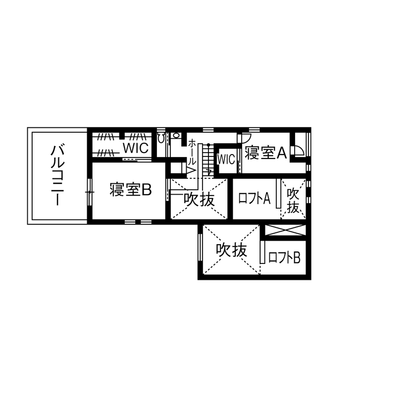 HOLIDAYS（ホリデイズ） 【愛知/ビルトインガレージ・2台可/間取り図】まるで３階建て！蔵収納の要望から発展させた中二階のある家の間取り図（5K以上）2階