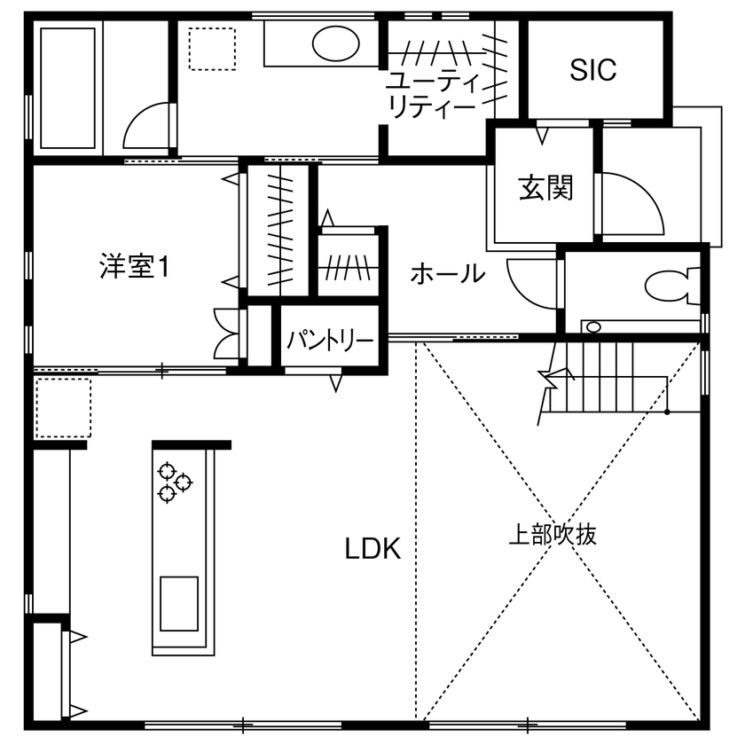 HOLIDAYS（ホリデイズ）  【1000万円台/30坪台/間取り図】土地から依頼。レッドシダーで天井を仕上げた、大きな吹き抜けのある家 の間取り図（4LDK）1階