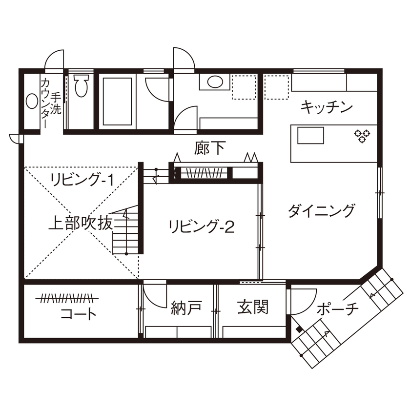 HOLIDAYS（ホリデイズ） 【豊田市/全館空調/ダウンフロアリビング/間取り図】モノトーンで仕上げた大人の暮らしを愉しむ家の間取り図（5K以上）1階
