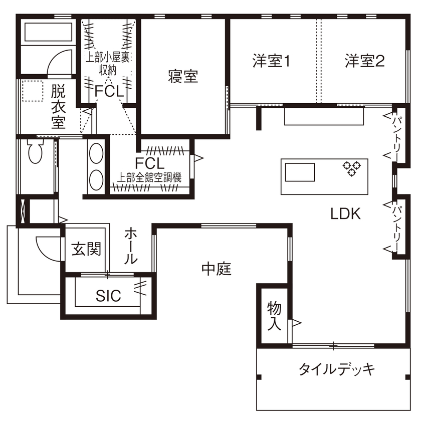 HOLIDAYS（ホリデイズ） 【平屋×全館空調×ZEH×20代】探してもらった見晴らしのよい土地に、全館空調を搭載した平屋を自由設計の間取り図（3LDK）1階