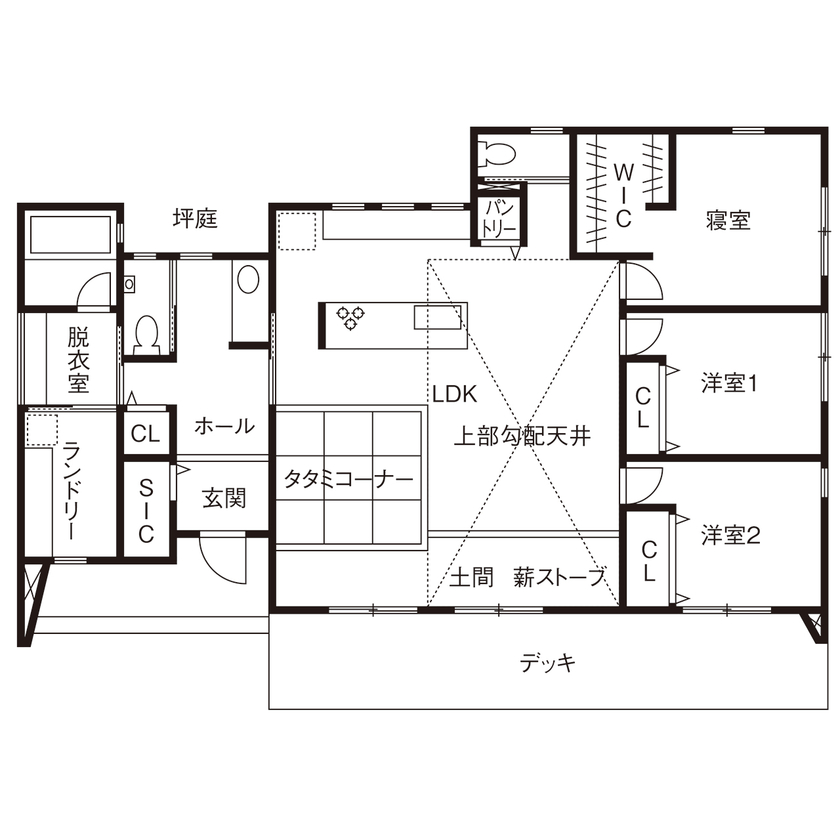 HOLIDAYS（ホリデイズ） 【平屋×リビング土間×薪ストーブ×ペット】田園風景を借景に心豊かに暮らす平屋ライフの間取り図（3LDK）1階