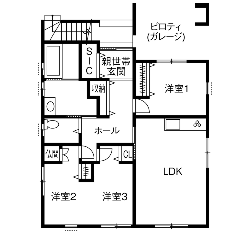 HOLIDAYS（ホリデイズ）  【愛知/3階建て/二世帯/ビルトインガレージ/間取り図】４世代、６人家族がハイセンスに暮らす３階建て の間取り図（5K以上）1階