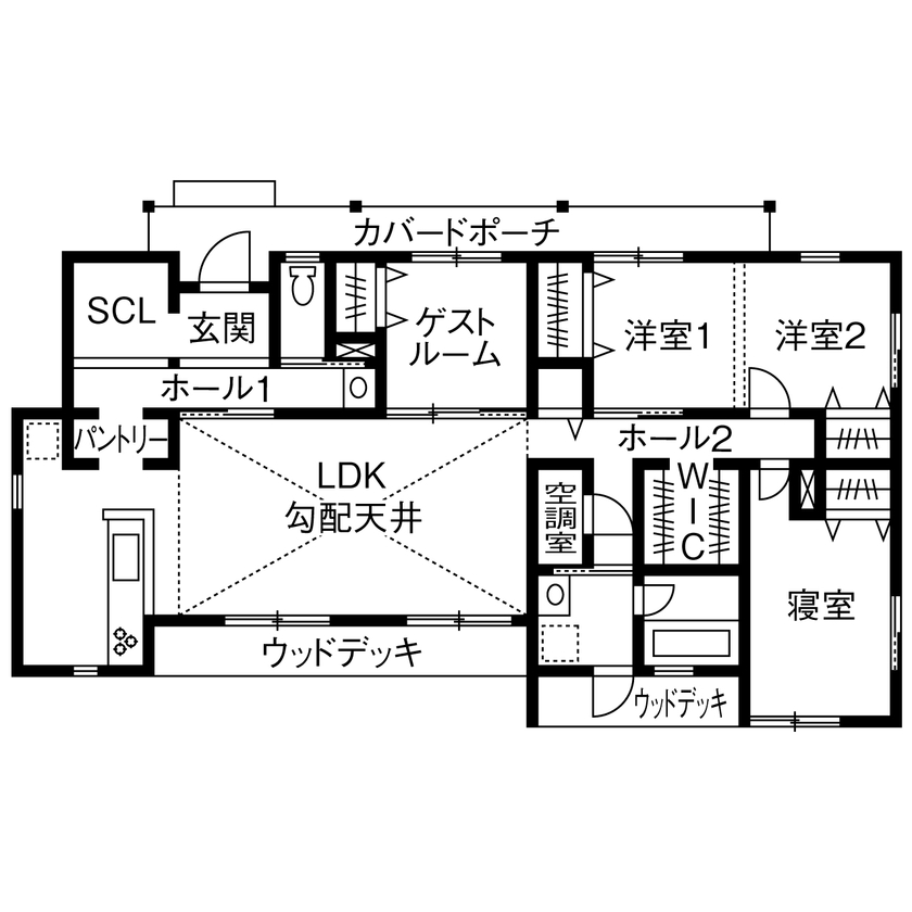 HOLIDAYS（ホリデイズ） 【平屋/全館空調/間取り図】ずっと快適で安全に。20代で建てた平屋は、趣味を満喫するサーファーズスタイルの間取り図（4LDK）1階