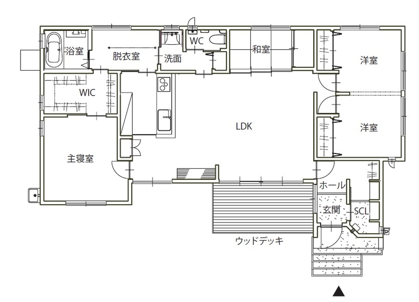 イチマルホーム 【2050万円／31坪／間取り図有／平屋/中庭/コの字】木の温かみが感じられる和モダンの平屋の間取り図（4LDK）1階