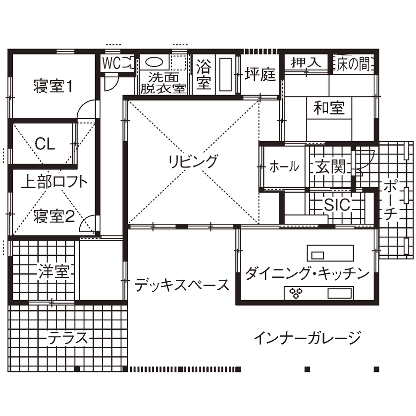 大喜工務店 【滋賀県/2000万円台/平屋/ビルトインガレージ/間取り】老後二人暮らしに考慮した間取りで自然素材豊かな家の間取り図（4LDK＋ロフト）1階