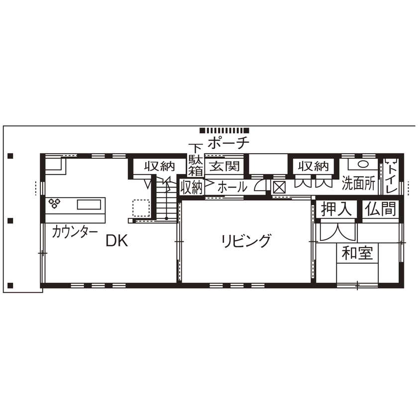 大喜工務店 【滋賀県／2000万円台／自然乾燥無垢材／造り付け本棚】住宅密集地の細長い敷地でも明るく伸びやかな家の間取り図（４LDK＋WIC）1階