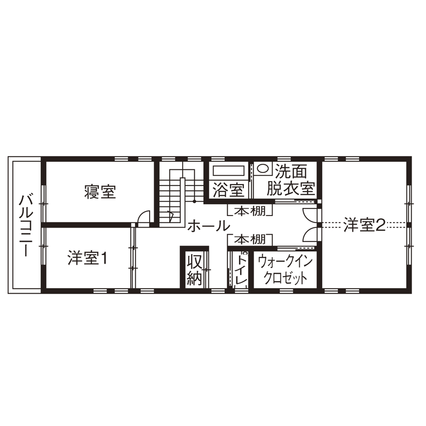 大喜工務店 【滋賀県／2000万円台／自然乾燥無垢材／造り付け本棚】住宅密集地の細長い敷地でも明るく伸びやかな家の間取り図（４LDK＋WIC）2階