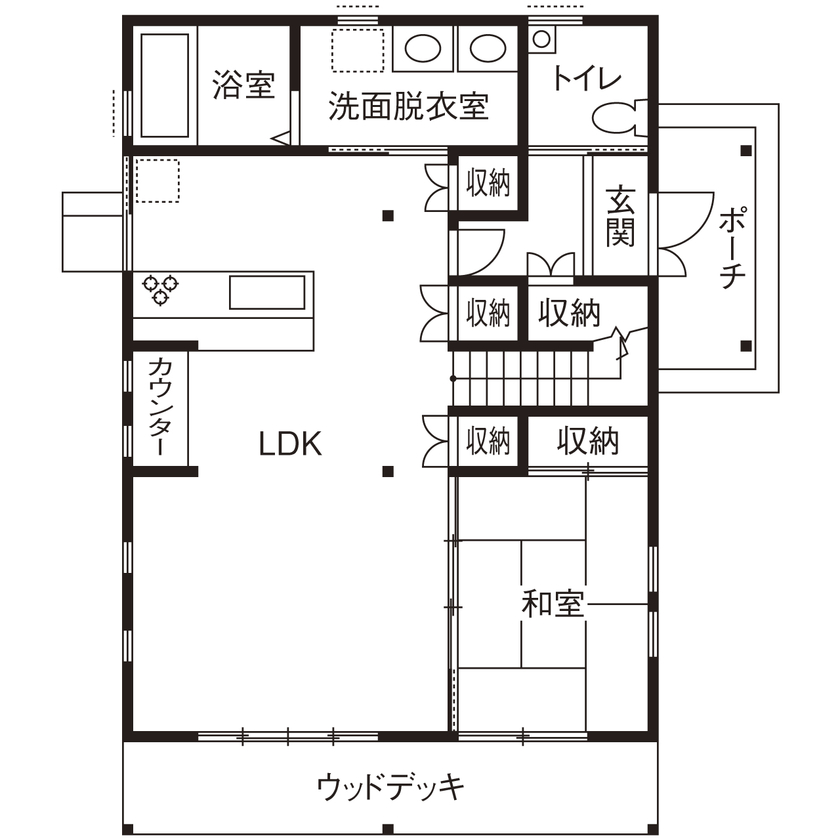 大喜工務店 【滋賀県／自然乾燥無垢材／造作書斎／間取り図あり】30畳超大空間をがっしり支える9寸角＋8寸角の大黒柱の間取り図（４LDK＋ロフト）1階