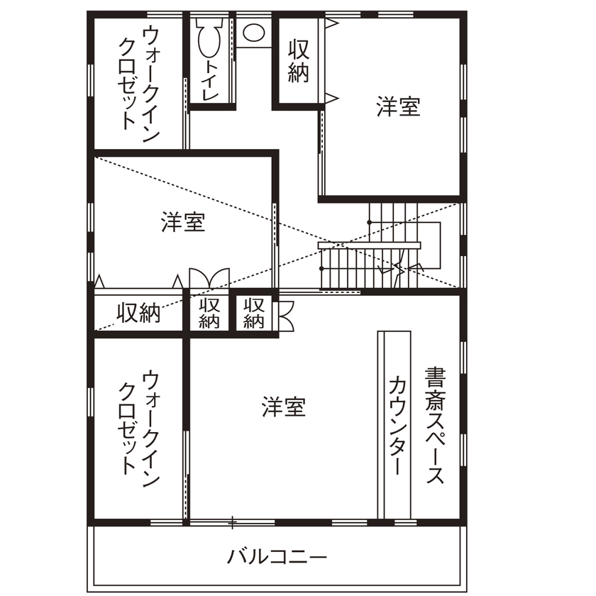 大喜工務店 【滋賀県／自然乾燥無垢材／造作書斎／間取り図あり】30畳超大空間をがっしり支える9寸角＋8寸角の大黒柱の間取り図（４LDK＋ロフト）2階