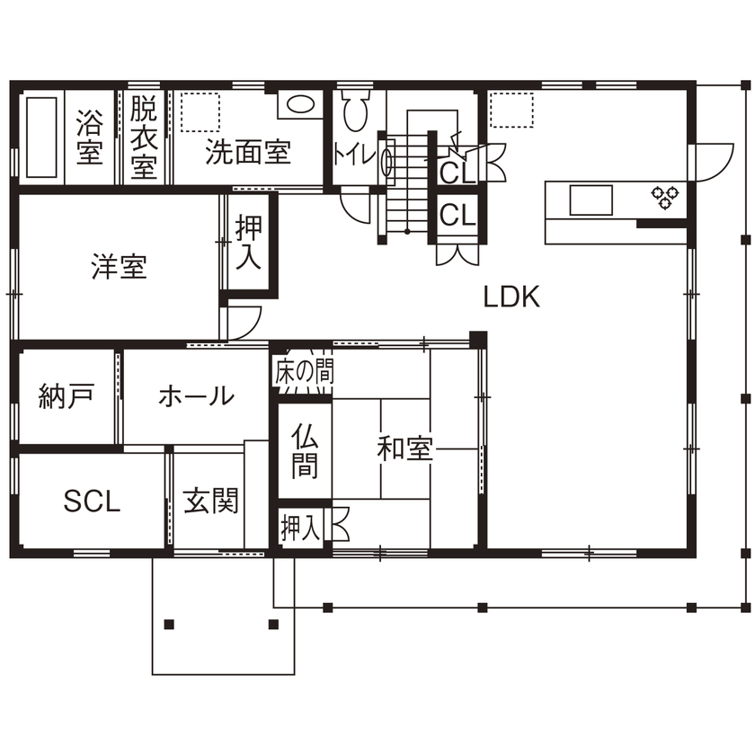 大喜工務店 【滋賀県／天井高６ｍ／自然乾燥無垢材／間取り図あり】平屋と2階建てを融合させた強くて暖かな住まいの間取り図（５LDK＋WIC＋納戸）1階