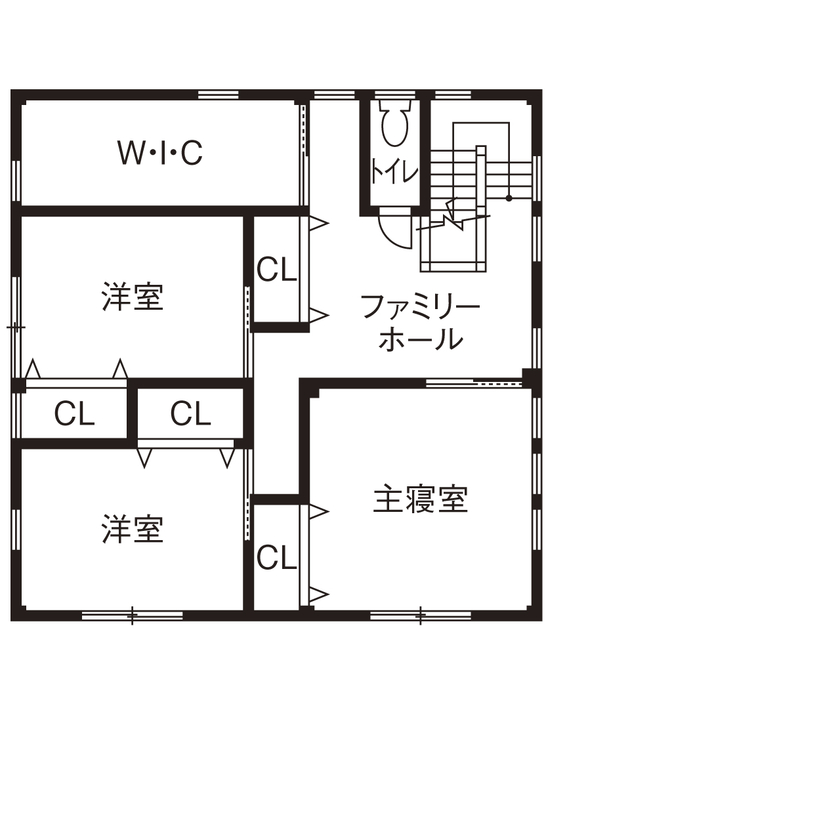 大喜工務店 【滋賀県／天井高６ｍ／自然乾燥無垢材／間取り図あり】平屋と2階建てを融合させた強くて暖かな住まいの間取り図（５LDK＋WIC＋納戸）2階