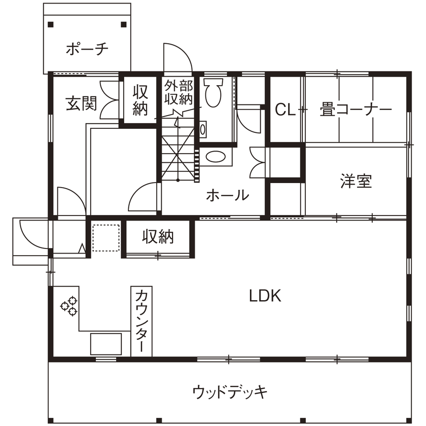 大喜工務店 【滋賀県／自然乾燥無垢材／吹き抜け／造り付け本棚】無垢材の爽やかな香りとビューバスで癒しがある家の間取り図（3LDK）1階