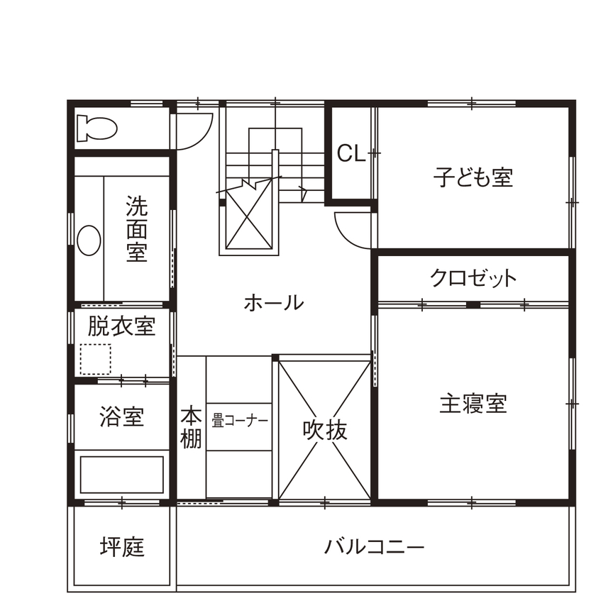 大喜工務店 【滋賀県／自然乾燥無垢材／吹き抜け／造り付け本棚】無垢材の爽やかな香りとビューバスで癒しがある家の間取り図（3LDK）2階