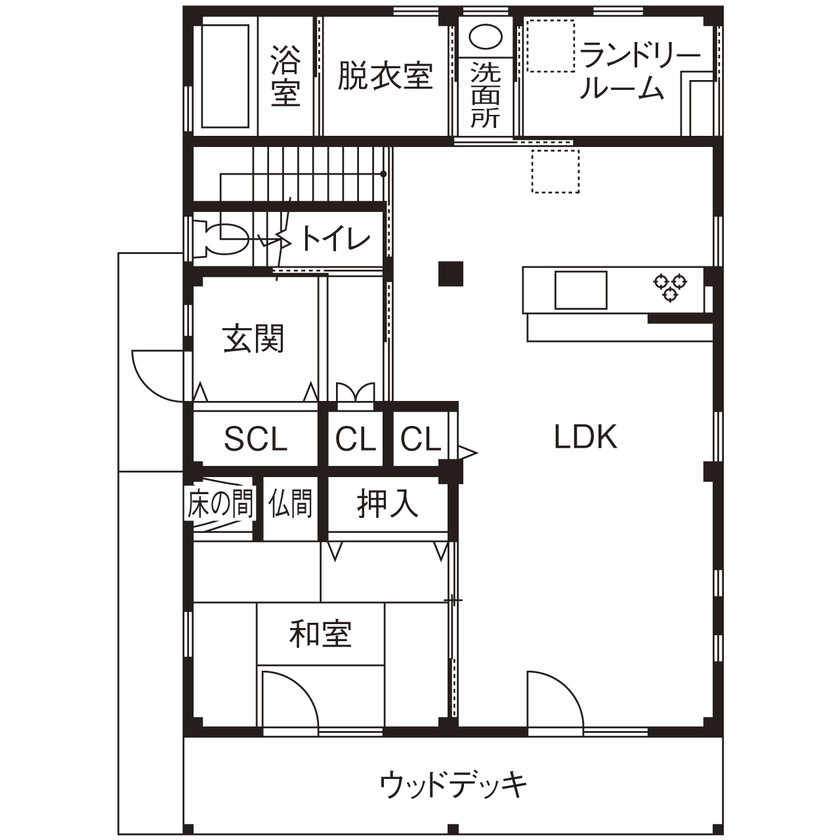 大喜工務店 【千葉県／自然乾燥無垢材／2世帯／間取り図あり】一尺の大黒柱を2本使用。見渡せば無垢材に囲まれた木の家の間取り図（３LDK＋2WIC＋ロフト）1階
