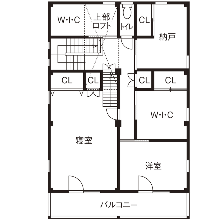 大喜工務店 【千葉県／自然乾燥無垢材／2世帯／間取り図あり】一尺の大黒柱を2本使用。見渡せば無垢材に囲まれた木の家の間取り図（３LDK＋2WIC＋ロフト）2階