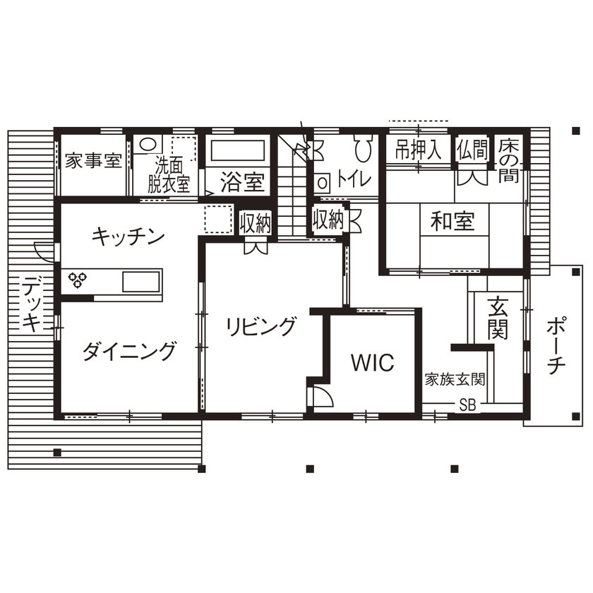 大喜工務店 【京都市／吹き抜け／自然乾燥無垢材／造作】至る所に造作を取り入れた和の意匠と木の美しさが融合した家の間取り図（５LDK＋ロフト＋納戸）1階