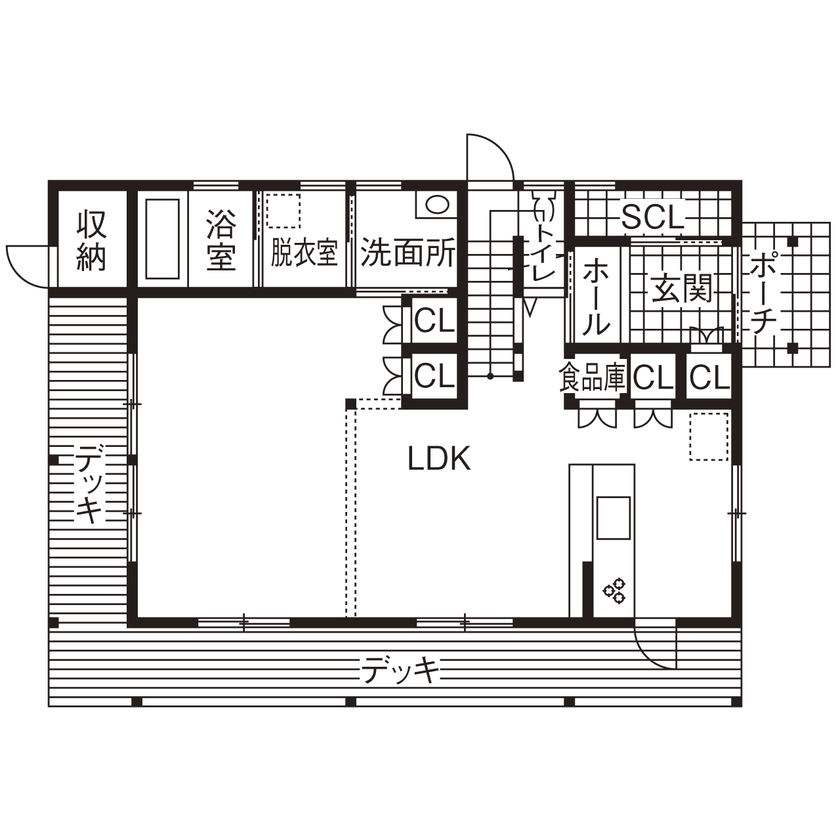 大喜工務店 【甲賀市／自然乾燥無垢材／2000万円台】ウッドデッキとつながる28畳超の大空間LDKで開放感たっぷり！の間取り図（3LDK＋書斎＋ロフト）1階