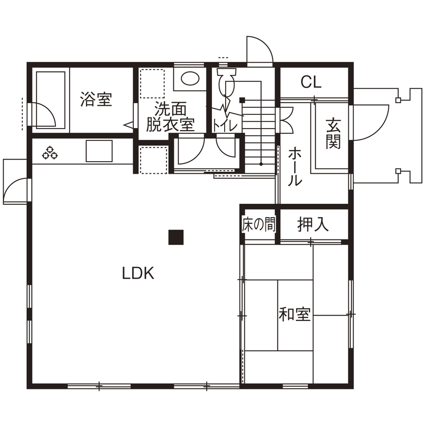 大喜工務店 【京都府／3000万円台／間取り図有】一尺二寸（36センチ角）もの大黒柱が支える、大空間の木の家の間取り図（４LDK＋書斎）1階