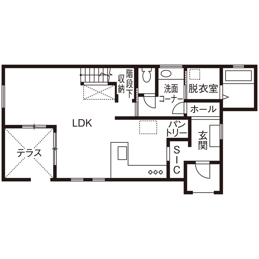 ハウス オブ デコ 【2000万円台/輸入住宅/テラス】家にいながらリゾート気分が味わえる、コートハウス風の住まいの間取り図（3LDK）1階