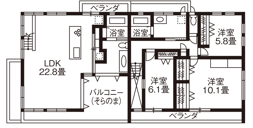 旭化成ホームズ（ヘーベルハウス） 頑丈な構造で自由に住まいをプラン　兄世帯と弟世帯で快適に暮らす家の間取り図null2階
