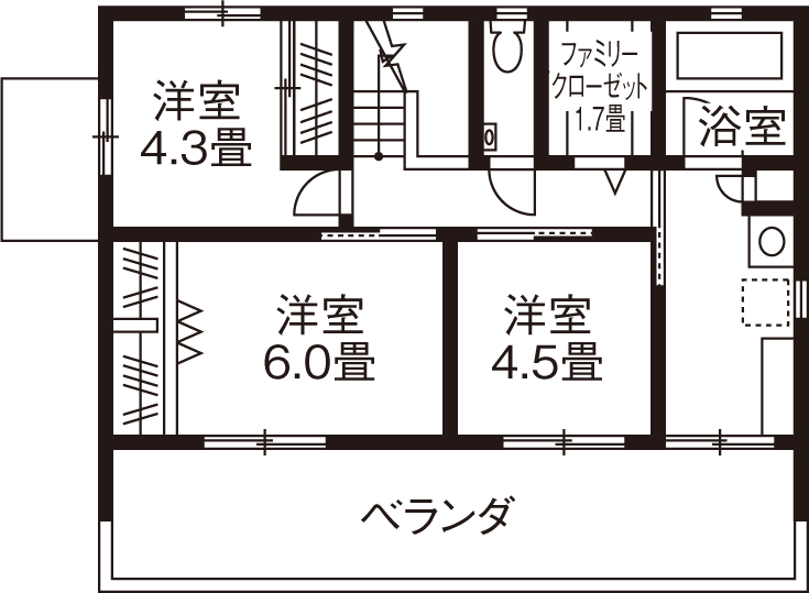 旭化成ホームズ（ヘーベルハウス） インテリアが映えるシンプルな空間　庭とつながる大開口で開放的にの間取り図null2階