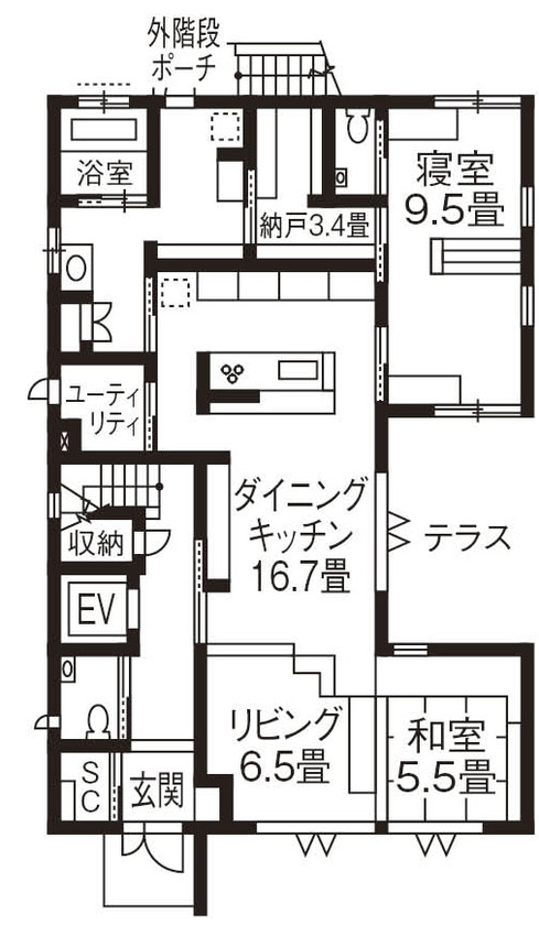 旭化成ホームズ（ヘーベルハウス） アウトドア空間を部屋のように使い多世帯で伸びやかに暮らすの間取り図null1階