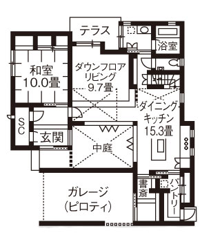 旭化成ホームズ（ヘーベルハウス） 外から視線が入らない中庭の設計で一日中、心地よい光で満たされる家の間取り図null1階