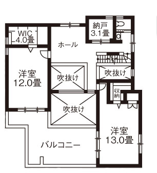 旭化成ホームズ（ヘーベルハウス） 外から視線が入らない中庭の設計で一日中、心地よい光で満たされる家の間取り図null2階