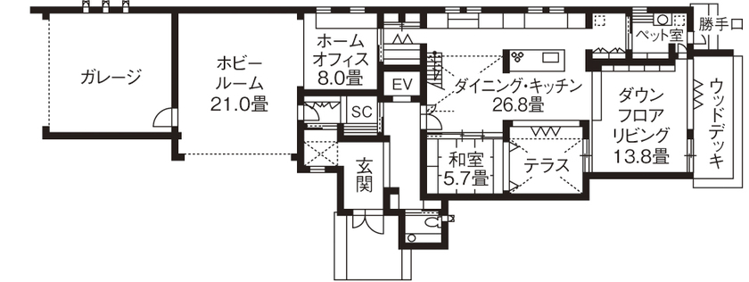 旭化成ホームズ（ヘーベルハウス） 家族や愛犬と一緒の時間を大切に　光を感じて伸び伸び開放的に暮らすの間取り図null1階