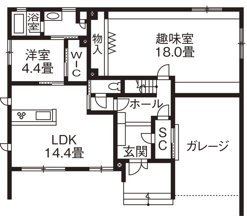 旭化成ホームズ（ヘーベルハウス） 内と外をつなぎ、床の高さを変えて多彩な過ごし方ができる３階建ての間取り図null1階