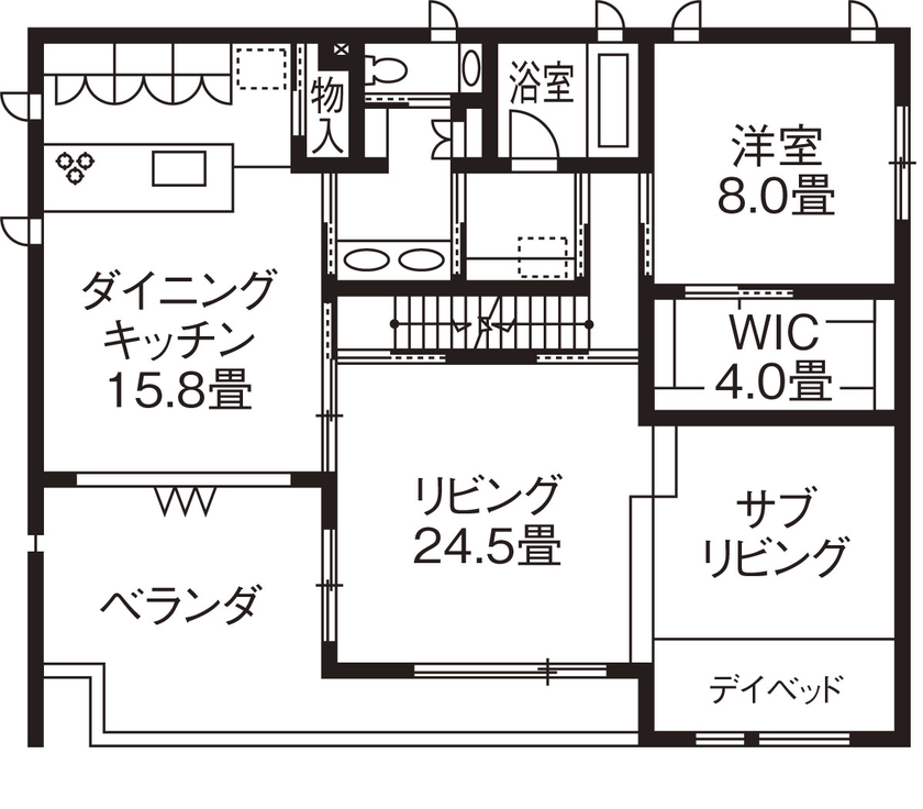 旭化成ホームズ（ヘーベルハウス） 内と外をつなぎ、床の高さを変えて多彩な過ごし方ができる３階建ての間取り図null2階