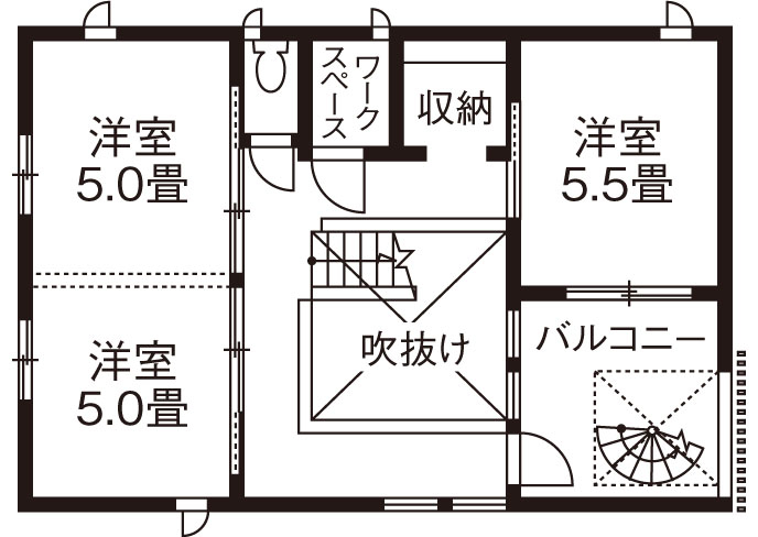 旭化成ホームズ（ヘーベルハウス） 土間と一体のＬＤＫや屋上など子どもと楽しく暮らす工夫が満載の間取り図null2階