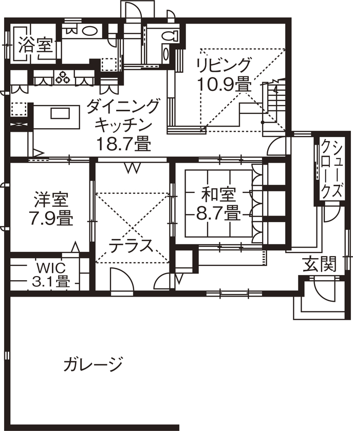 旭化成ホームズ（ヘーベルハウス） 光と風を感じ、和と洋の趣を楽しむ多彩なくつろぎの時間をデザインの間取り図（5K以上）1階