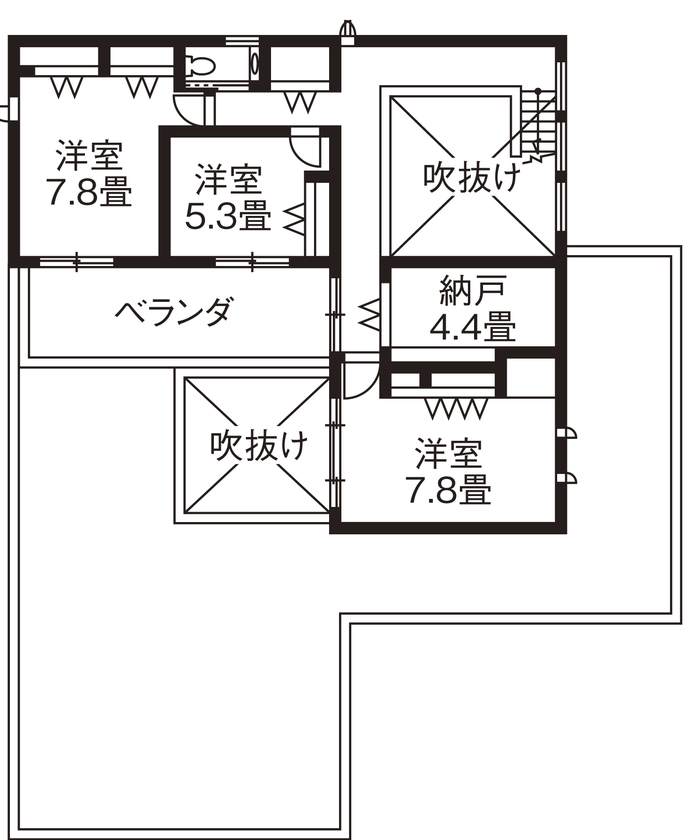 旭化成ホームズ（ヘーベルハウス） 光と風を感じ、和と洋の趣を楽しむ多彩なくつろぎの時間をデザインの間取り図（5K以上）2階