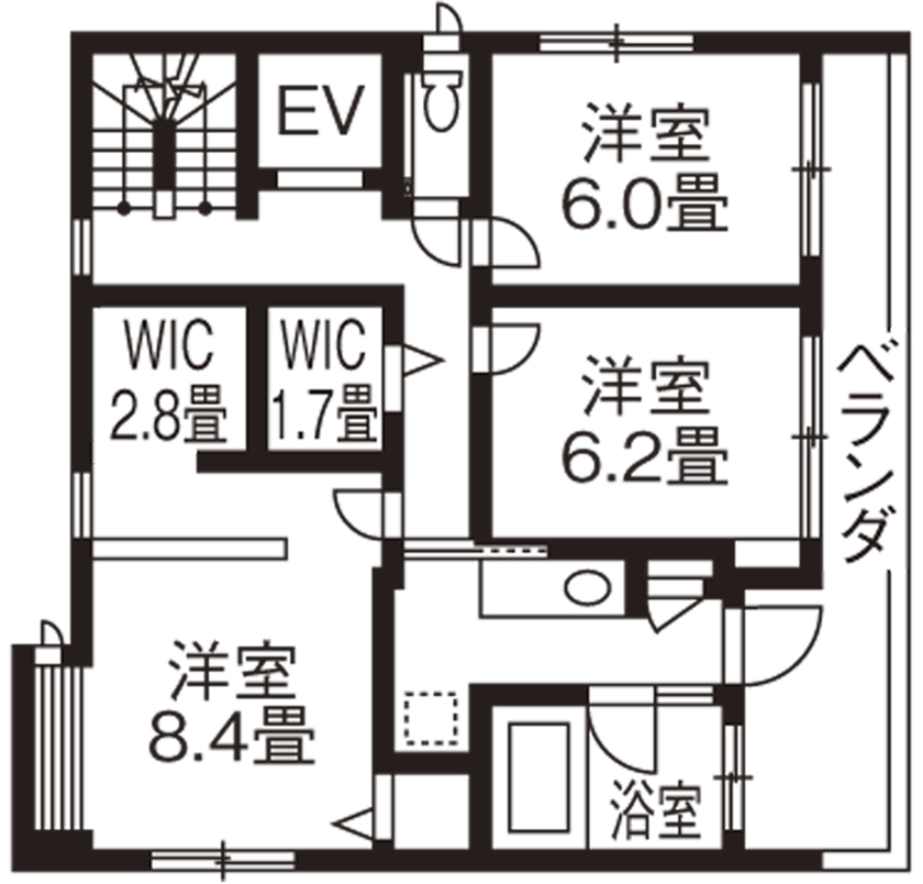 旭化成ホームズ（ヘーベルハウス） ウッディなインテリアに包まれて心地よい光と風を感じる3階ＬＤＫの間取り図（4LDK）2階