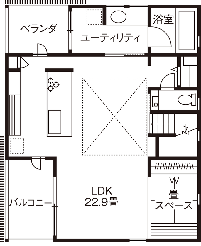 旭化成ホームズ（ヘーベルハウス） 共働き家族が一緒の時間を楽しめる　開放的な吹抜けのある２階ＬＤＫの間取り図（3LDK）２階