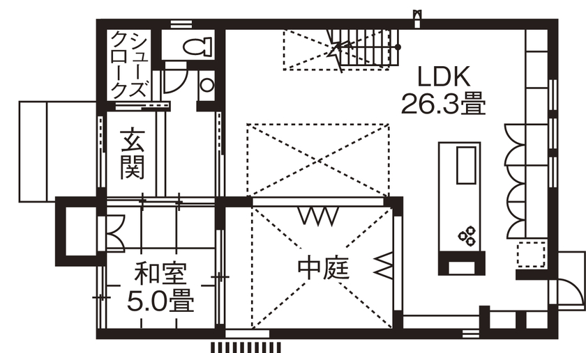 旭化成ホームズ（ヘーベルハウス） 外の視線を気にせず暮らせる設計で全部屋がアウトドアとつながる家の間取り図（2LDK）１階