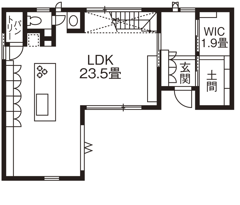 旭化成ホームズ（ヘーベルハウス） 南側テラスを囲むように建物を設計　内と外の空間をつなげて開放的にの間取り図（2LDK）１階