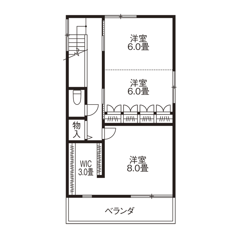 旭化成ホームズ（ヘーベルハウス） シンプルな間取りで柔軟に暮らせる 60年以上耐用の構造で安心な家の間取り図（3LDK）２階
