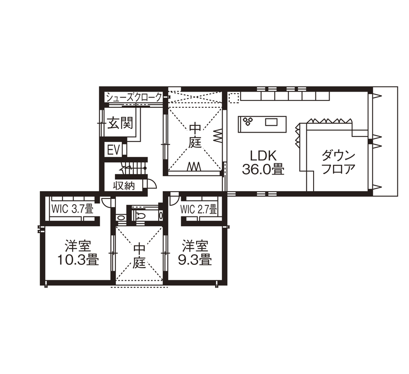 旭化成ホームズ（ヘーベルハウス） 光と風の通り道をつくる設計で開放的に心地よく過ごせる家の間取り図（4LDK）１階