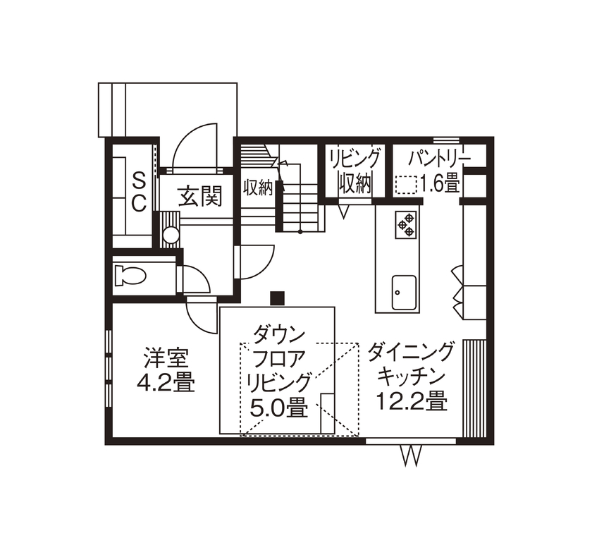 旭化成ホームズ（ヘーベルハウス） 吹抜けとダウンフロアで空間を広げカフェのような居心地のよい家にの間取り図（4LDK）１階