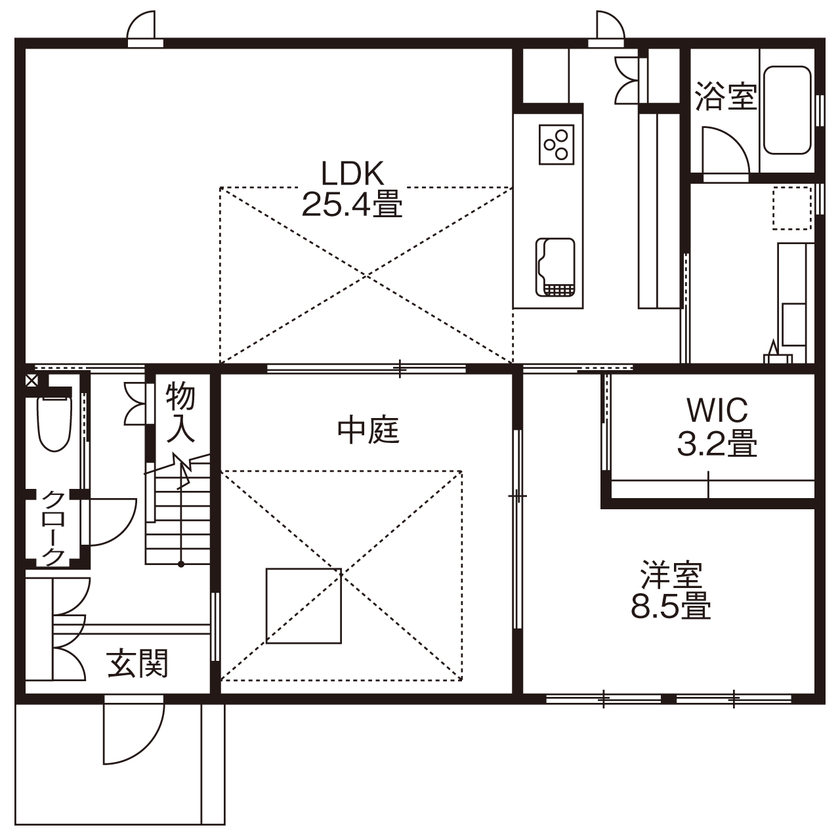 旭化成ホームズ（ヘーベルハウス） 吹抜けと中庭が一体の広々LDKで、愛猫と一緒の時間を大切に暮らすの間取り図（2LDK）1階