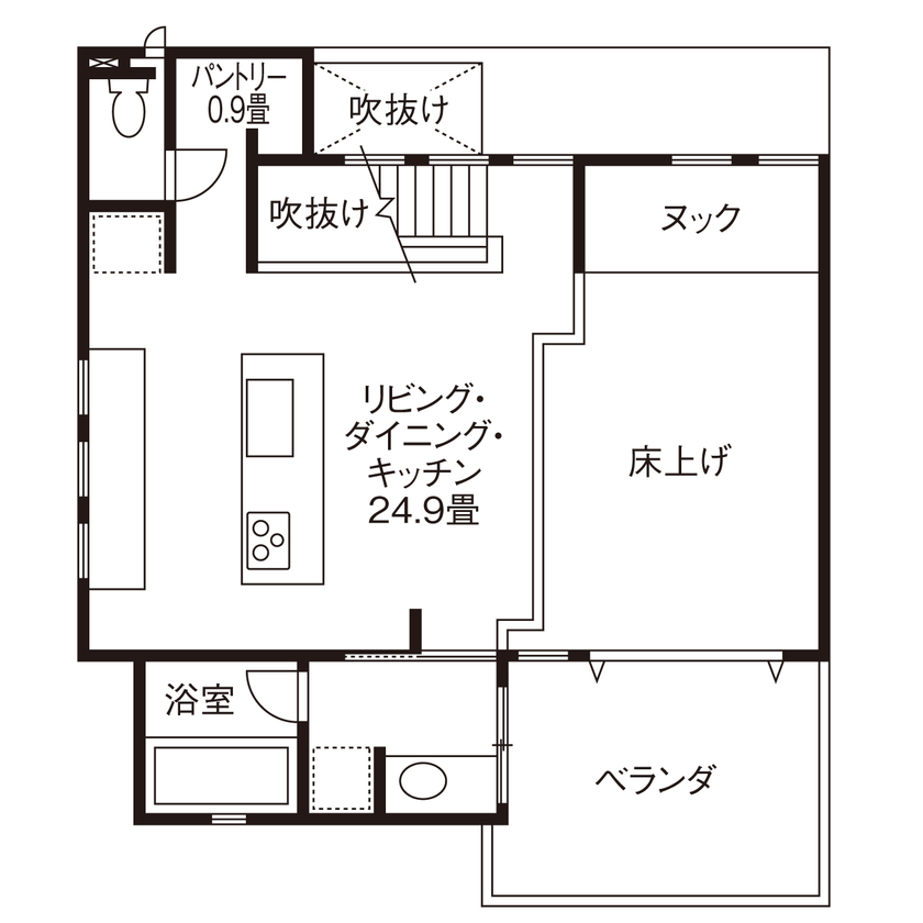 旭化成ホームズ（ヘーベルハウス） ２階リビングにベランダを併設して自然の光と風、眺望を楽しみ暮らすの間取り図（3LDK）2階