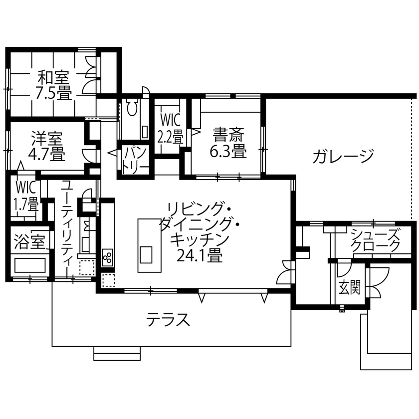 旭化成ホームズ（ヘーベルハウス） 空を眺め、緑を身近に感じて暮らす　平屋ならではの開放感と安らぎの間取り図（2LDK+書斎+ガレージ）1階