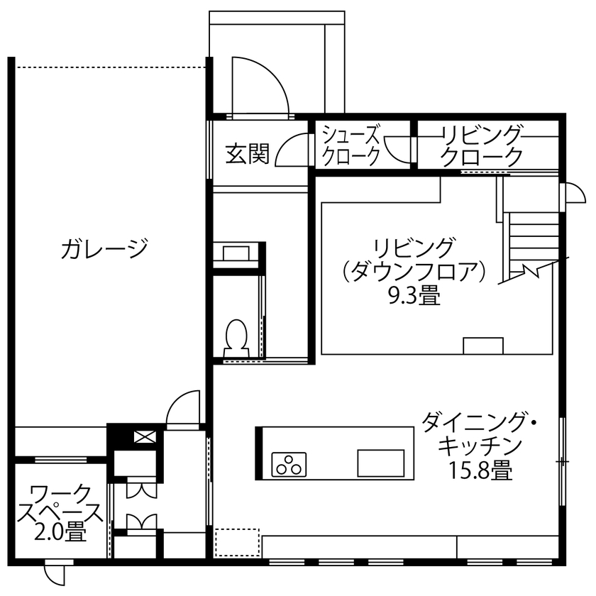 旭化成ホームズ（ヘーベルハウス） 吹抜けとダウンフロアで空間を広げ　空からの光を感じて心地よく過ごすの間取り図（3LDK+ガレージ）1階