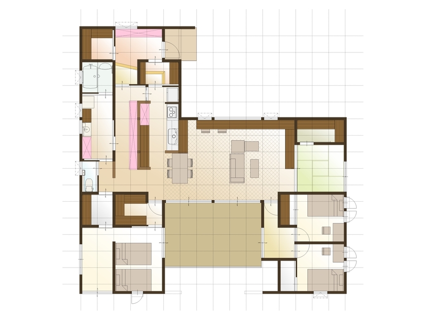 タツホーム　竜建 【1900万円/42坪/平屋】光と風を感じる暮らし。外と中の繋がりを生むウッドデッキのあるコの字型の家の間取り図（4LDK）1階