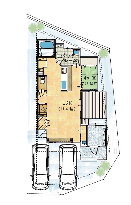 HOUSECODE(ハウスコード） 【1000万円台/約30坪】約30坪を1000万円台で広々とした間取り　吹き抜けから注ぐ光にこだわった実例の間取り図（4LDK）1階
